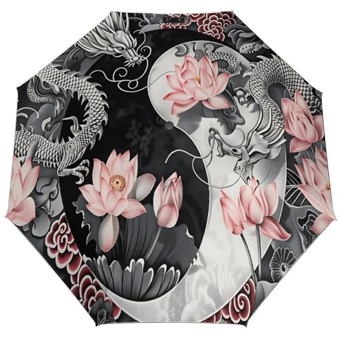 XZDXZD Yin Yang Dragon Lightweight Folding Travel Umbrellas Windproof Auto Open Close Reverse Umbrella Uv Sun Protection for Women Men
