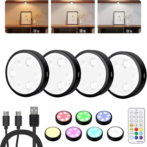 HOLKPOILOT Puck Lights with Remote 2000mAh Battery Operated Rechargeable Under Cabinet Lighting 3 Color Temps & 7 RGB Colors Magnetic Closet Light Black Wireless Puck Light for Kitchen Shelf.