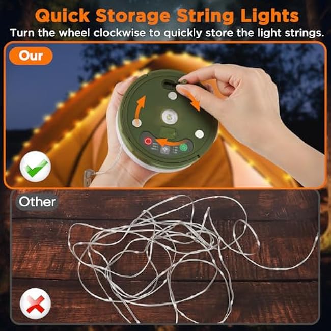 Retractable Camping String Lights, 33FT 3000 mAh Rechargeable 4 in 1 Tent Lights String with 9 Modes, Outdoor Portable Camper Lighting Waterproof, Camp Lamp for Party, Yard, Hiking Essentials