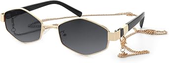 JiSoo Trendy Hexagon Sunglasses for Women - Gold Sunglasses Womens Designer, Geometric Festival Sun Glasses with Chain