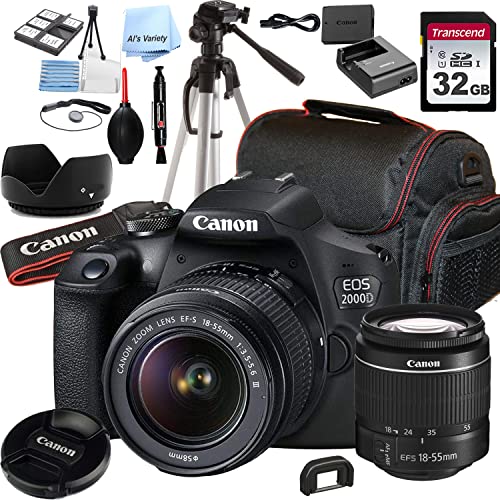 Canon EOS 2000D (Rebel T7) DSLR Camera w/EF-S 18-55mm F/3.5-5.6 Zoom is II Lens + 32GB Memory + Case + Tripod (20pc Bundle) (Renewed)