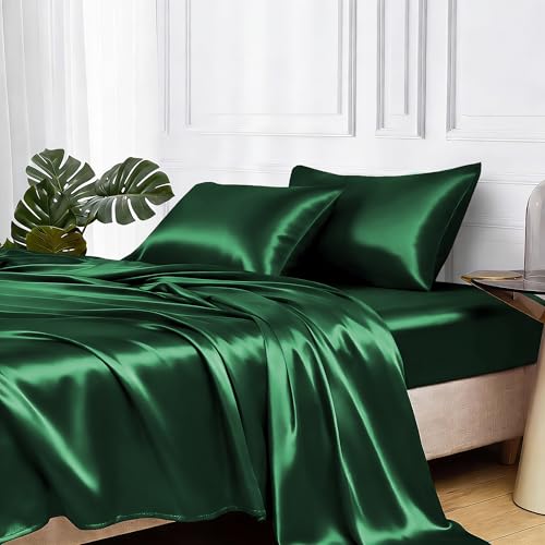Image of MR&HM Satin Bed Sheets, Full Size Sheets Set, 4 Pcs Silky Bedding Set with 15 Inches Deep Pocket for Mattress (Full, Dark Green)