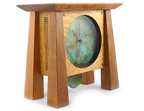Modern Artisans Prairie Style Mantel/Shelf Clock With Copper Face And Pendulum, Handcrafted American Cherry Wood, 12" #TOP1