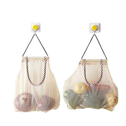 2CT Fruit and Vegetable Mesh Bags Reusable Grocery Bags Hanging Storage Organizer Produce Bags