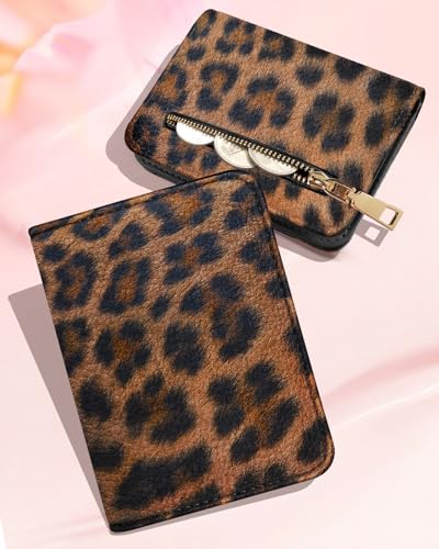 Image of Bistup Leather 12 Slot Accordion Card Holder Wallet, Brown Leopard | Accordion Storage, Zipper Around Closure, Compact Patterned Wallet for IDs, Cards, Cash, Daily Carry and Gifts