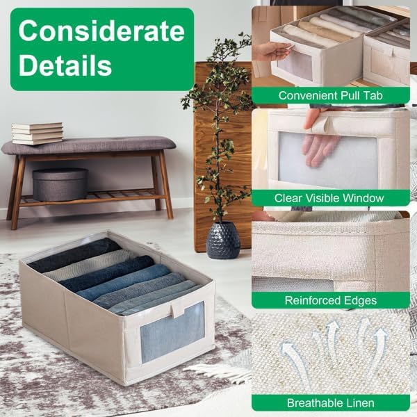 4Pcs Foldable Closet Storage Bins,16.14x10.82x6.49in Closet Storage Baskets with Clear Window, Washable Linen Fabric Storage Baskets for Clothes Organization
