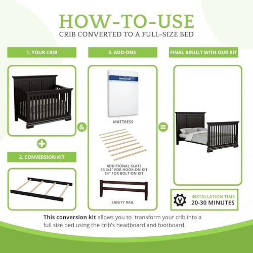 Image of Full-Size Conversion Kit Bed Rails for Oxford, Soho, Ozlo & Avalon Baby Convertible Cribs - Solid Wood - Toddler and Adult Rail for Full-Size Bed - Nursery and Baby Furniture (Espresso, Hook-On Kit)