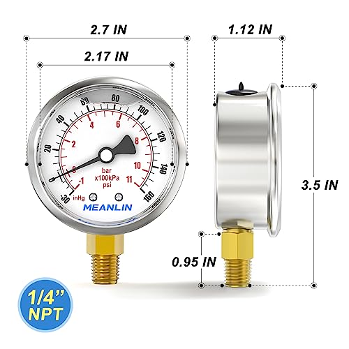 Image of MEANLIN MEASURE -30inHG~160Psi Stainless Steel 1 /4 inch NPT 2.5 inch FACE DIAL Vacuum Pressure Gauge, Lower Mount, with 1 /2 inch NPT and 3 /8 inch NPT Hex Bushing