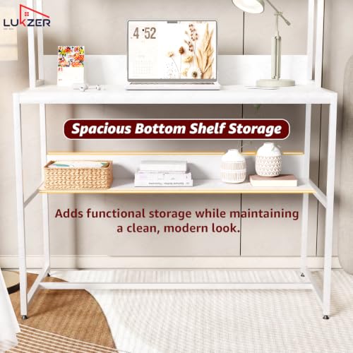 Image of Lukzer Wooden Study Table with Bookshelf & Hutch (MST-011 /White & White) Engineered Wood & Metal Office Desk with 3 Storage Shelf for Home | DIY Writing & Computer Table for Laptop /PC (150x103x50 cm)