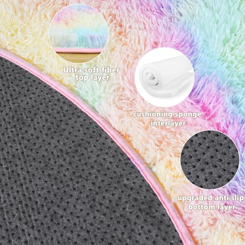 3'x3' Rainbow Round Rugs for Girls Bedroom, Ultra Soft Fluffy Circle Rug for Kids Room, Cute Small Shag Rugs for Living Room Playroom Tent Castle Home Decor Rug