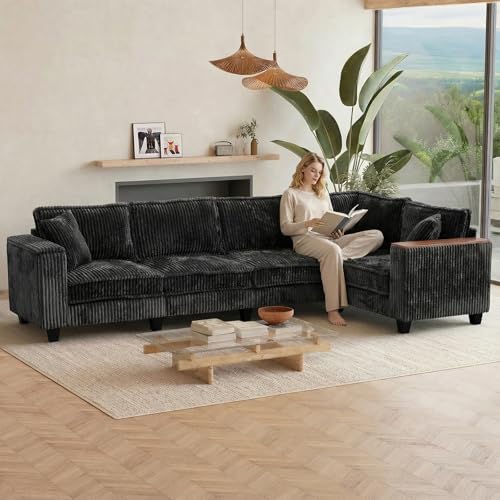 Image of 97 Inches Corduroy Couch with 2 Pillows Deep Seat Sectional Sofa Armrests with Two Hidden Storage Space Corner Couch Oversized L Shaped Cloud Couches for Living Room Black