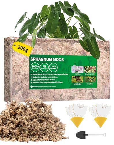 200g Sphagnum Moos für Pflanzen Orchideen Moos für Moosstab Spagnummoos Torfmoos Substrat Pflanzmoos für Zimmerpflanzen Monstera Philodendron Alocasia Karnivoren usw.[20010g Moosziegel erg. ca.10L]