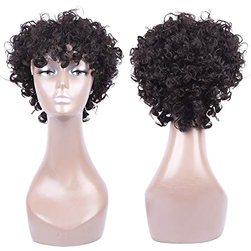 Blomas Brazilian Human Hair Curly Wigs Short Deep Curly Human Hair Wigs with Bangs For Women 8 Inch Short Gluless Bob Wigs Machine Made Curly Wig Natural Color