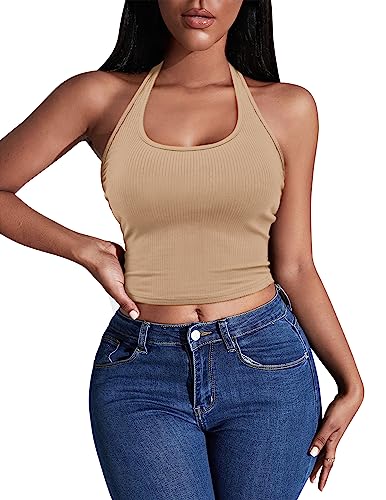 Image of Ekouaer Women Halter Top Backless Scroop Neck Slim Stretchy Ribbed Knit Camisole Crop Tops S-XXL