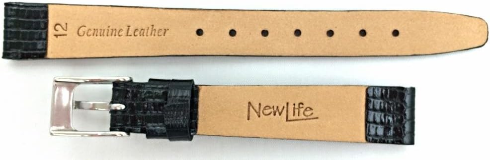 NewLife 12mm Black Genuine Leather Watchband | Tail Lizard Grain, Flat Replacement Bracelet Watchstrap that brings to Any Watch (Womens Standard Length)