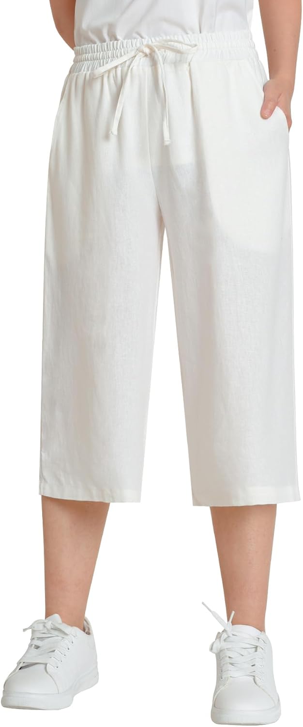 Weintee Women's Petite Linen Capris Wide Leg Cropped Pants with Pockets