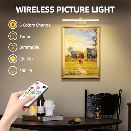 Image of 6 Colors Picture Lights Battery Operated with Remote, 16 inch Cordless Rechargeable Painting Lights with Timer for Wall, 6CCT Dimmable Display Lights for Artwork Gallery Dartboards, 4 Pack (Gold)