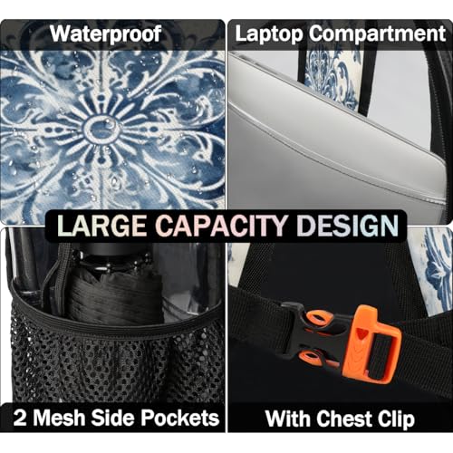 Ethnic Mandala Clear Backpack for Stadium Events, Botanical Flowers Waterproof Clear Bag for Women Men Adult Sport Work Daily Music Festival and Concerts3