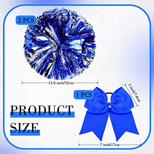 Hanaive 3 Pcs Cheerleading Pom Poms and Large Cheerleader Hair Bow Metallic Cheer Supplies for Team Spirit Sports Dance Cheering(Blue Silver Pom,Classic Style)
