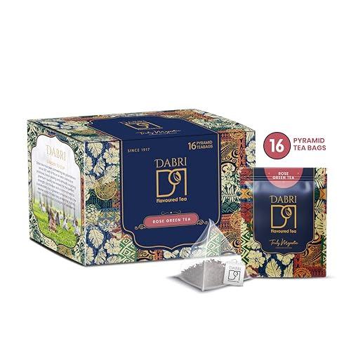Image of Dabri Rose Green Tea Loose Leaves 16 Pyramid Dip Tea Bags| For Glowing Skin & Hair (Men & Women)| Natural Rose Petals | Antioxidant-Rich | Organic Blend | Relieves Stress & Supports Weight Control