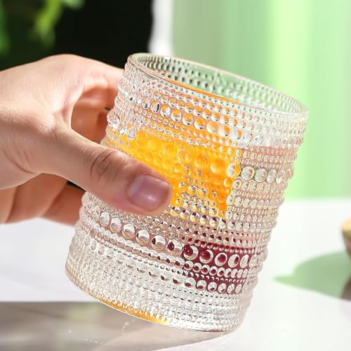 Image of Kookee Jupiter Vintage Hobnail Bubble Glass Double Old Fashioned Tumbler | Whiskey Cocktail Bourbon Glasses Set of 6 | Textured Beaded Barware 300ml (12117)