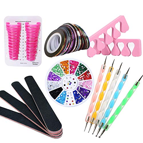 OKSANO Nail Art Kit 26 Pcs, Nail File Manicure Kit 12 Colors Rhinestones 5pcs Dotting Pen 4pcs Nail Guard 4pcs Nail Finger Toe Separator
