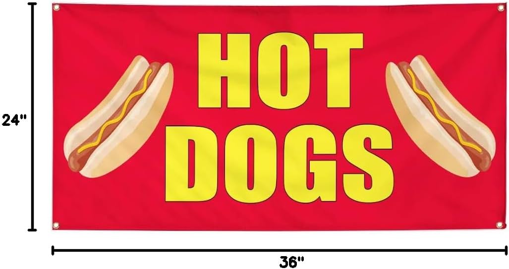 Vinyl Banner Multiple Sizes Hot Dogs Food Fair Caf Restaurant Bar Restaurant & Food Outdoor Weatherproof Industrial Yard Signs Red 4 Grommets 24x36Inches