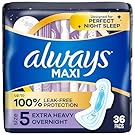 Always Maxi Overnight Pads with Wings for Women, Size 5, Extra Heavy Overnight Absorbency, Unscented, 36 Count (Packaging May Vary)