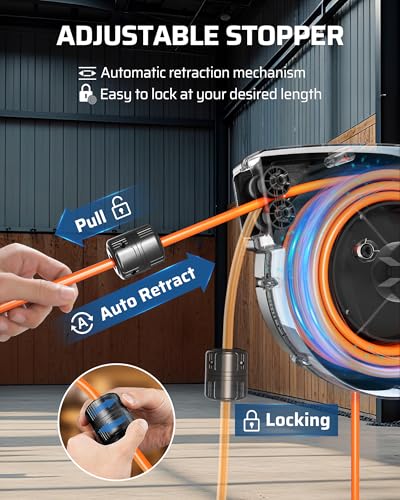 Image of DEWENWILS Extension Cord Reel with Twist-lock Stopper, Power Retractable Cord Reel, Lightweight and Portable, Brighter Triple Tap Outlet, for Home Maintenance, Garages, Workshops, Orange