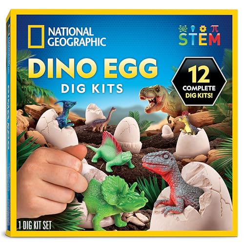 National Geographic Dinosaur Dig Kit - 12 Dino Shaped Dig Bricks with Dinosaur Figures Inside & Excavation Tool Sets, Egg Hunt or Dig Party Activity, Great STEM Toy for Boys & Girls