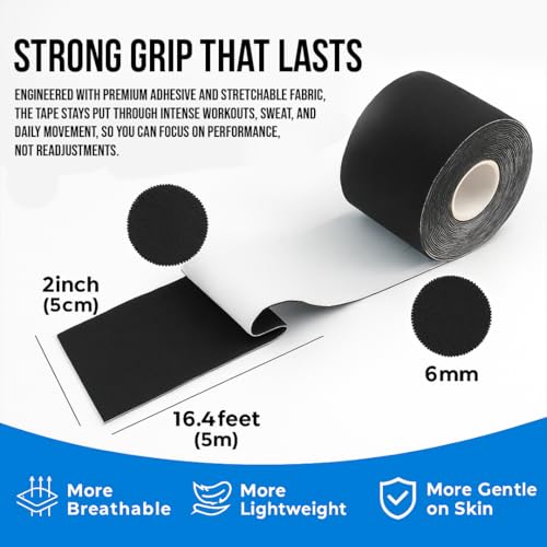 Image of PulseITSportsTape Kinesiology Tape- Waterproof & Sweatproof Sports Tape for Muscle Support, Pain Relief & Injury Recovery | Athletic Physio Tape for Knee, Shoulder, Ankle. 5cm x 5m (Plain, Black)