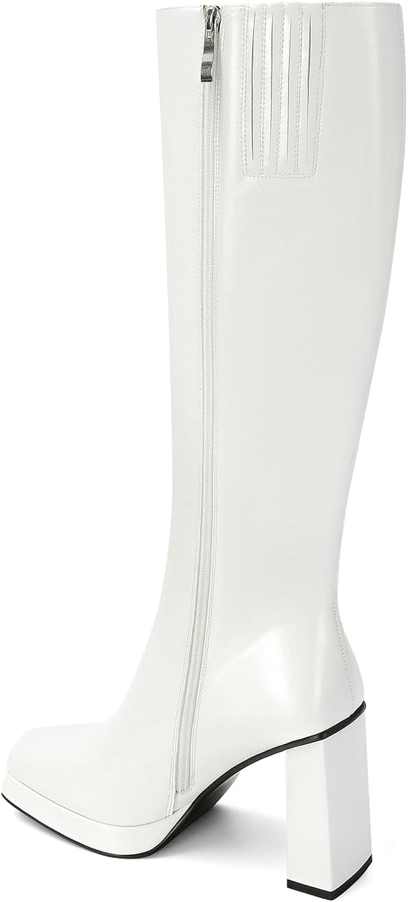 Dsevht Black Leather Knee High Boots for Women Platform Chunky Block Heeled Tall Long Boots Square Toe and Side Zipper Design Fashion Dress 70s Gogo Boot