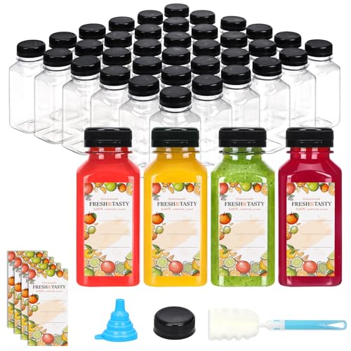 TOMNK 32 Pack 8 OZ Plastic Juice Bottles with Caps, Sticker Labels, Brush