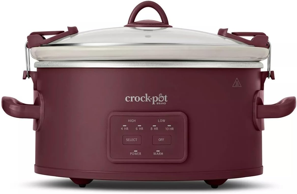 Crock-Pot 6qt Cook & Carry Programmable Slow Cooker Ceramic Lambrusco Red: 3 Settings, Dishwasher-Safe Parts, 210W-(ZazoPrime)