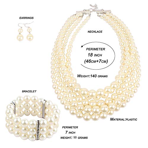 Kosmos-Li Multi Layer Pearl Strand Necklace Bracelet And Earring Faux Ivory Pearl Jewelry Set #TOP6