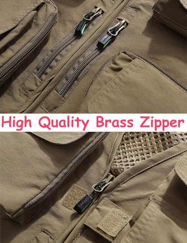 Vanchenl Herren Freizeit Safari Angeln Outdoor Arbeit Weste Jacke Foto Reise Cargo Mesh Weste Multi Taschen Khaki XL