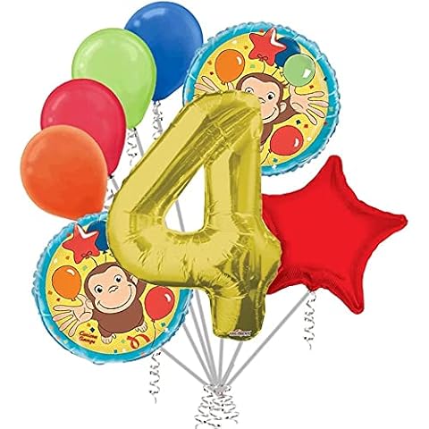 Curious George Round Balloon Bouquet 8 pc, 4th Birthday, Gold Number 4 Jumbo Balloon | Viva Party Balloon Collection Cover