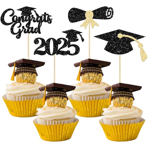 Gyufise 24Pcs Graduation Cupcake Toppers - Class of 2024 Graduation Cap Diploma Cupcake Picks - Gold