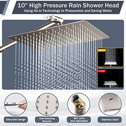 Shower Head Brushed Nickel, 10" High Pressure Rain Shower Head And 6 Spray Settings Handheld Shower Head Combo, Built-In Power Wash, With 11’’ Extension Arm/60" Hose, Height/Angle Adjustable #TOP3