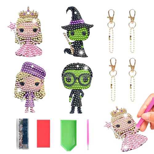HTPARY 4 Pcs Diamond Art Painting Keychains Kits Witch Theme DIY Acrylic Bedazzled Keychains with Diamonds Easy Craft for Adults Kids Gifts for Holidays Christmas