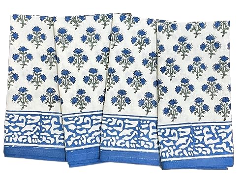 ATOSII Gulbahar Blue 100% Cotton Designer Summer Dinner Napkins, Block Print, Washable Durable Table Linen for Everyday Use Weddings Parties Outdoors I 20 X 20 Inches I Set of 4 I