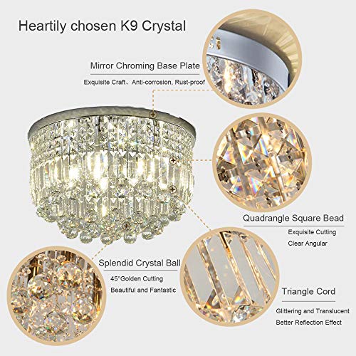 Image of Flush Mount Ceiling Light Fixture for Bedroom, 20-in Wide Dimmable Crystal Chandelier, Chrome Finish, Video Availablle for Easy Installation