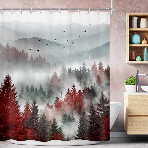 Red Black Mountain Nature Woods Scenery Bathroom Shower Curtain Set