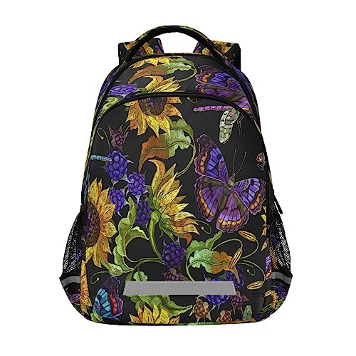 Sac à dos d'école vintage tournesol et libellule pour ordinateur 12.9 pouces
