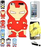 Bukit Cell 3D Superhero Bundle: Ironman Cute Justice League Cartoon Soft Silicone Case for Ipod Touch 6 6th Generation / 5 5th Generation + Cleaning Cloth + Screen Protector + Stylus Pen