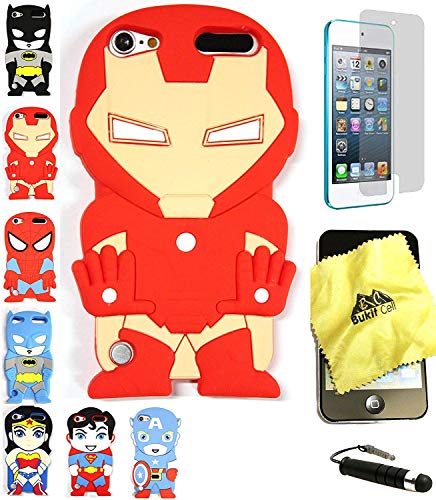 Bukit Cell 3D Superhero Bundle: Ironman Cute Justice League Cartoon Soft Silicone Case for iPod Touch 6 6th Generation / 5 5th Generation + Cleaning Cloth + Screen Protector + Stylus Pen