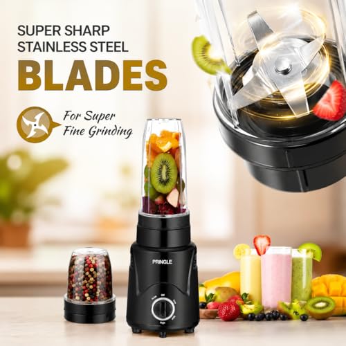 Image of Pringle AlexaPro Nutri Blender 450W | Smoothie Maker & Mixer Grinder | 2 Food Grade Jars | Dual Blade System | Compact Kitchen Blender | 1 Year Warranty | Black