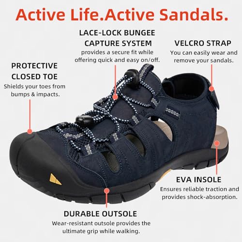 KOIMED Men's Hiking Leather Sandals Closed Toe Water Shoes for Summer Athletic Trail River Fishing Wide Adjustable Waterproof Arch Support Hiking Style-Blue2