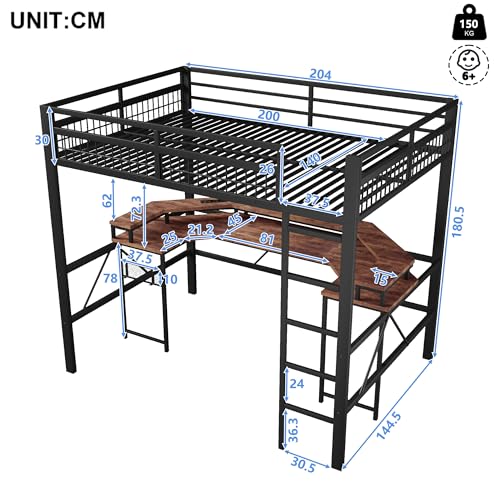 Cama alta con escritorio e iluminación LED integrada estructura de hierro de 140x200 3