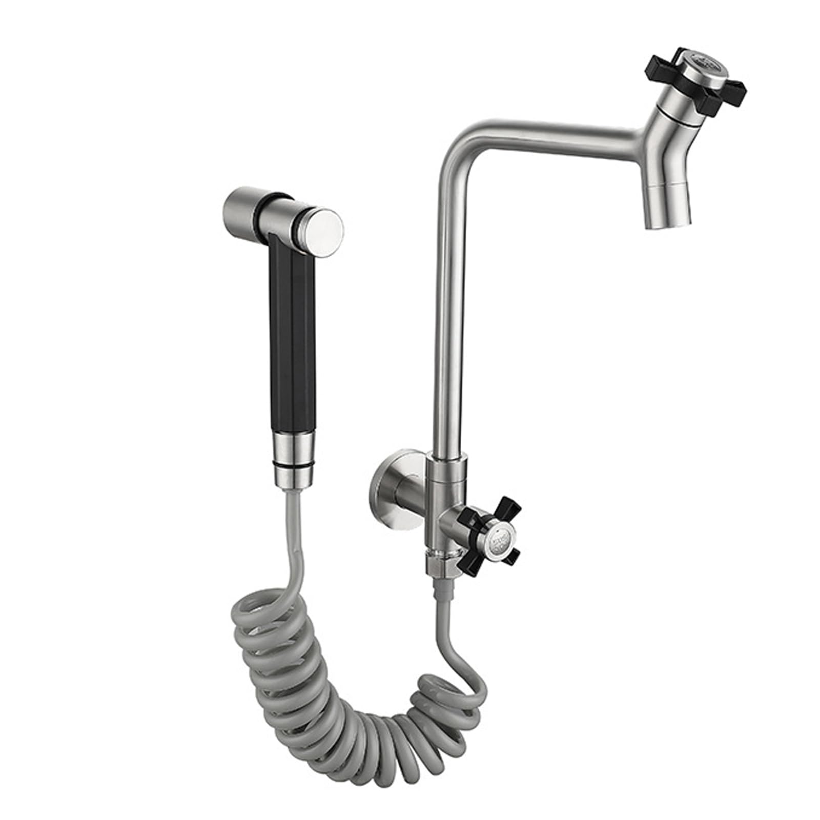 JRUIA Brushed Stainless Steel Spray Gun, 360° Swivel Sink Faucet, Wall Mounted Cold Water Tap with Spray Gun Attachment,Chrome